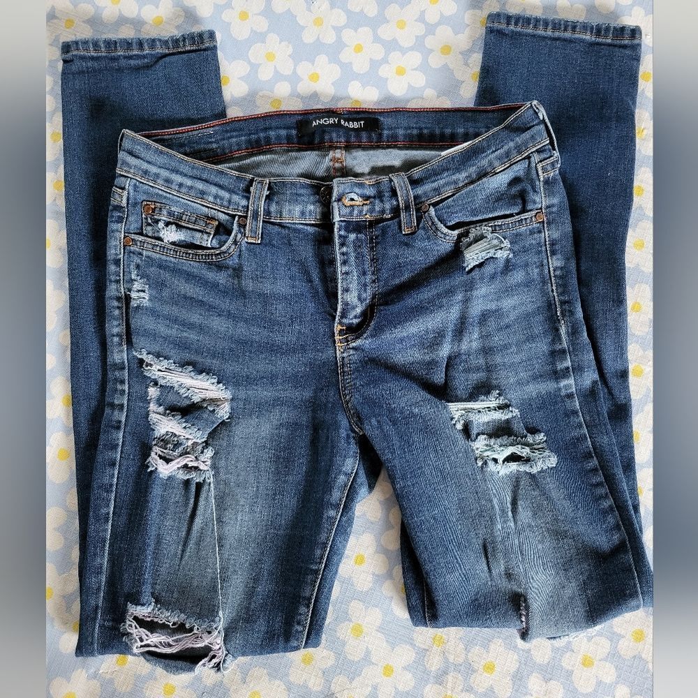Angry Rabbit Women's 28/7 Distressed Blue Wash Skinny Jeans